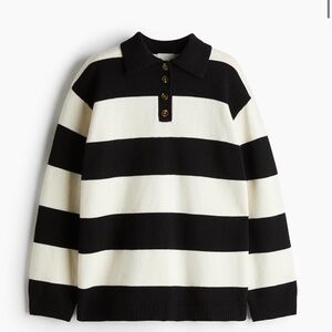 H&M Black and White Striped Zip-Up Polo Sweater